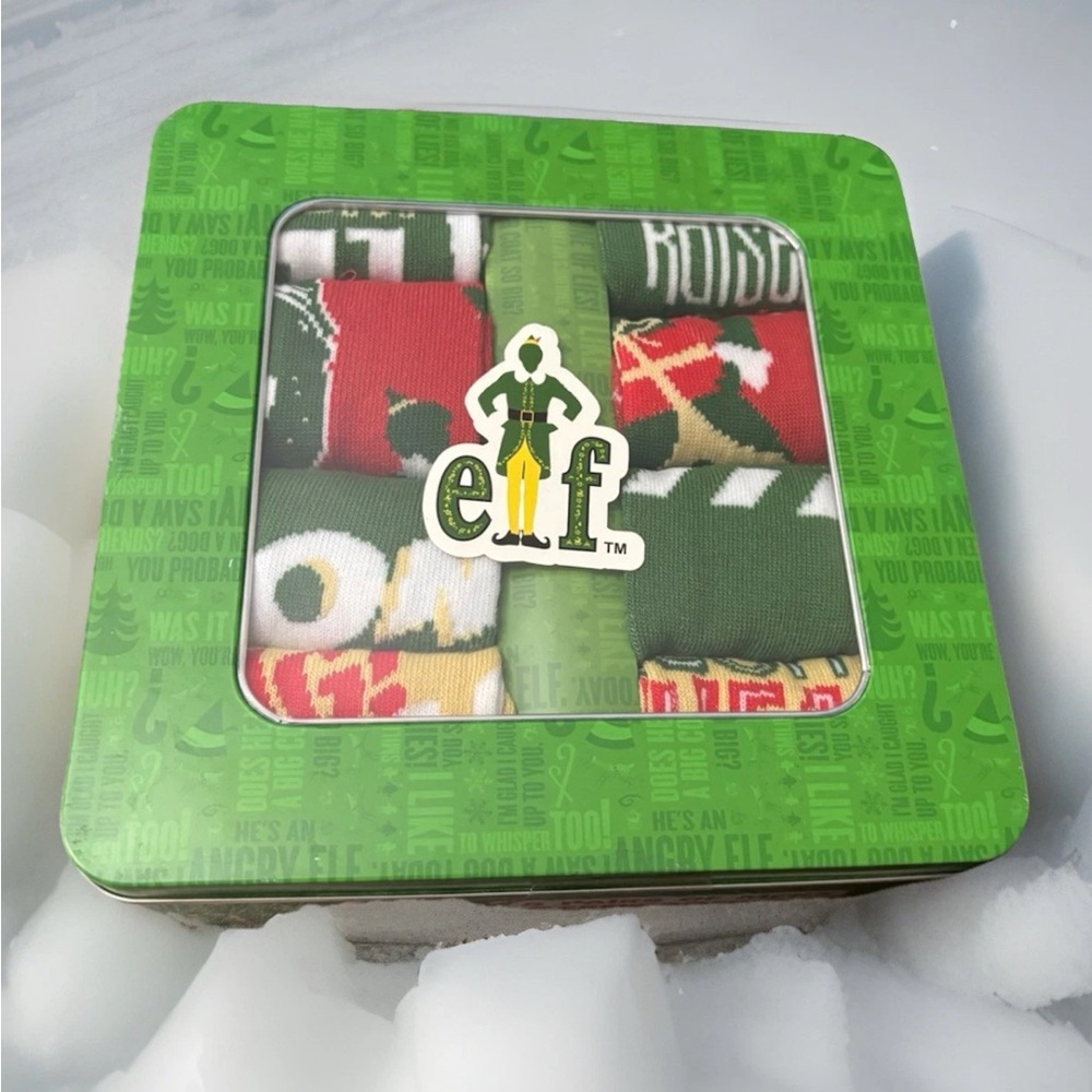 NEW In Collectors Tin 8 Pairs Buddy the ELF Men’s Christmas Crew Socks